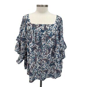 NWT Terra & Sky Peasant Top Paisley Print Ruffle Sleeve Plus 3X Blue Square Neck